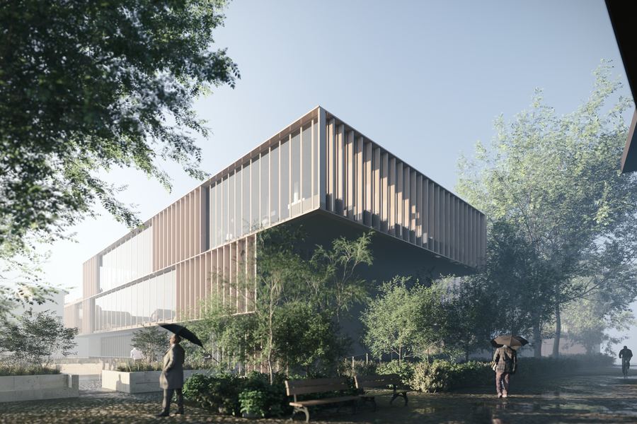 Exterior render of a building with timber louvres