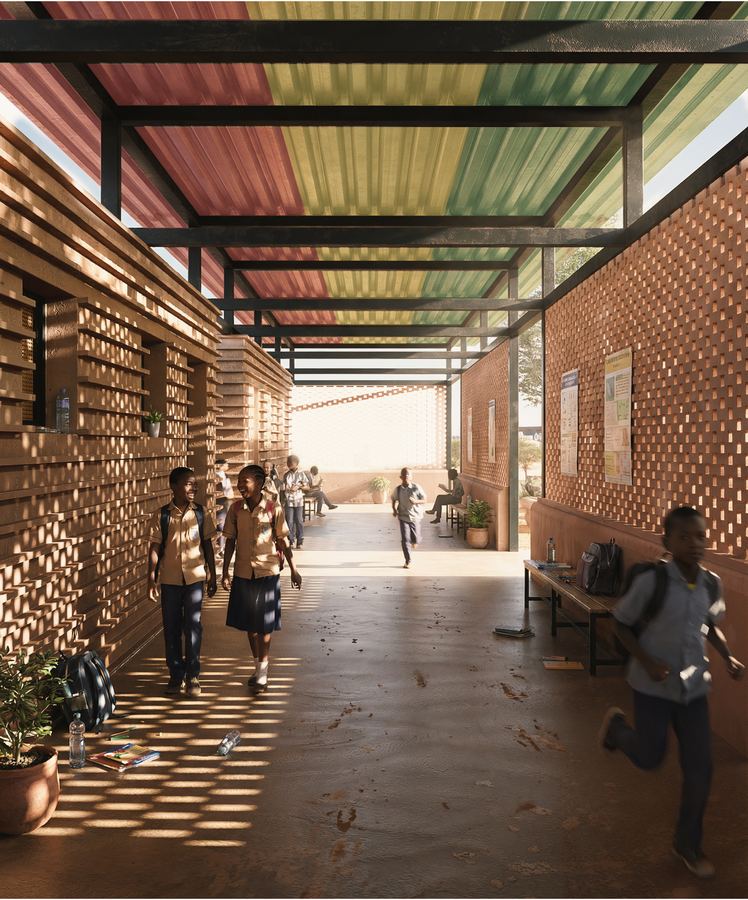 School corridor under a coloured roof